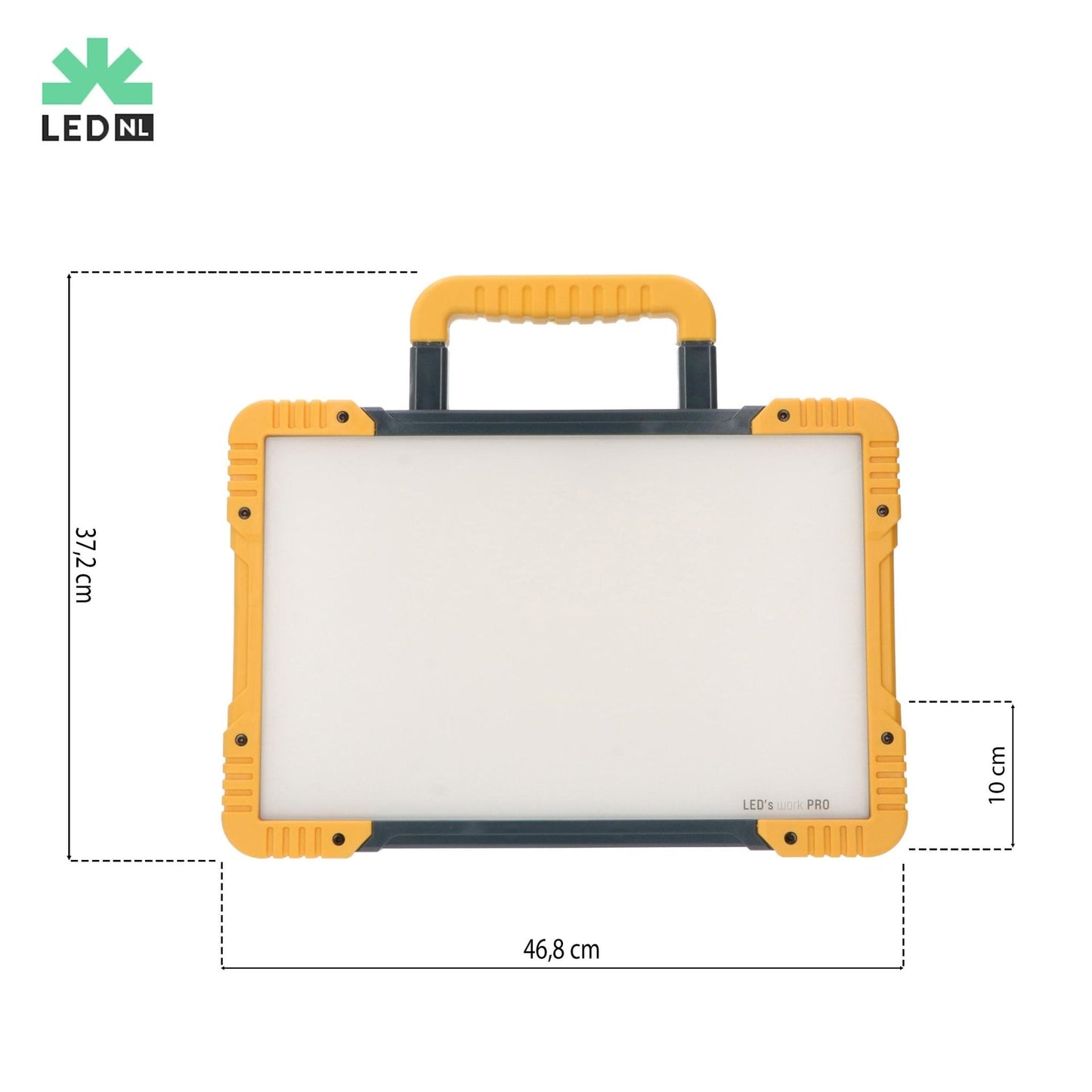 LED’s Work Pro werktuigverlichting met robuust geel-zwart frame en handvat, geschikt voor professionele werkomgevingen. Zichtbaar merklogo en heldere witte verlichtingsvlak.