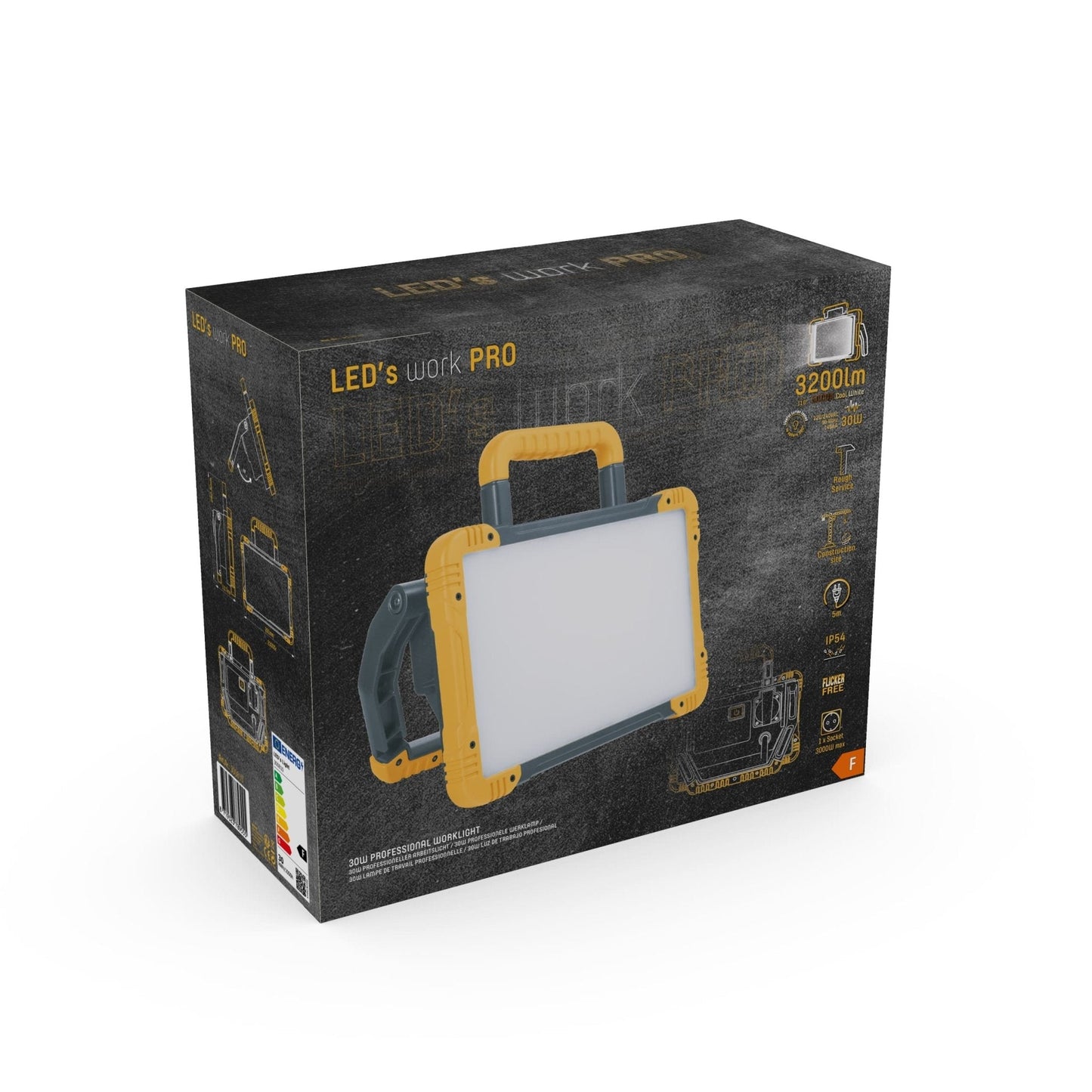 Een robuuste, gele en zwarte LED werklamp met handvat en kabel, geschikt voor professionele verlichting op bouwplaatsen of in garage.