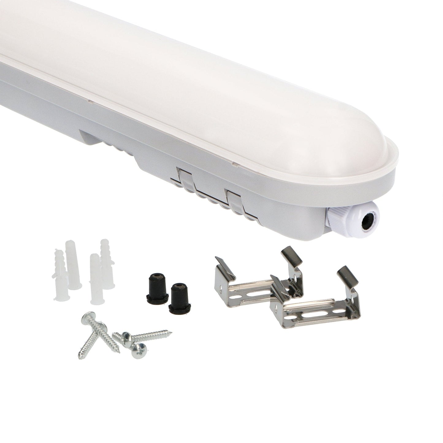 Een witte, langwerpige LED-verlichting met een glanzende kap en een textuurrijke behuizing, geschikt voor industriële of commerciële ruimtes. Zichtbaar is het D-keurmerk in de hoek.