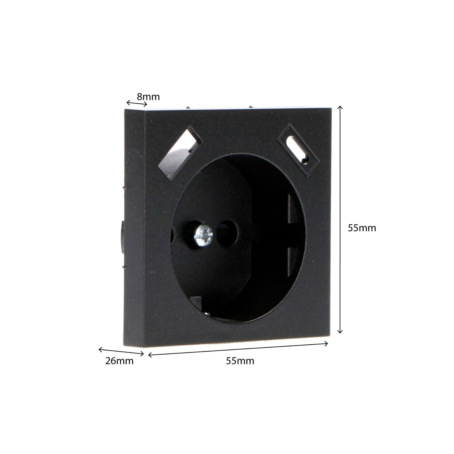 Zwart plastic Europese stopcontactdoos met schroef en schuifgaten, geschikt voor wandmontage. Perfect voor elektrische installaties en huisverbouwingen.