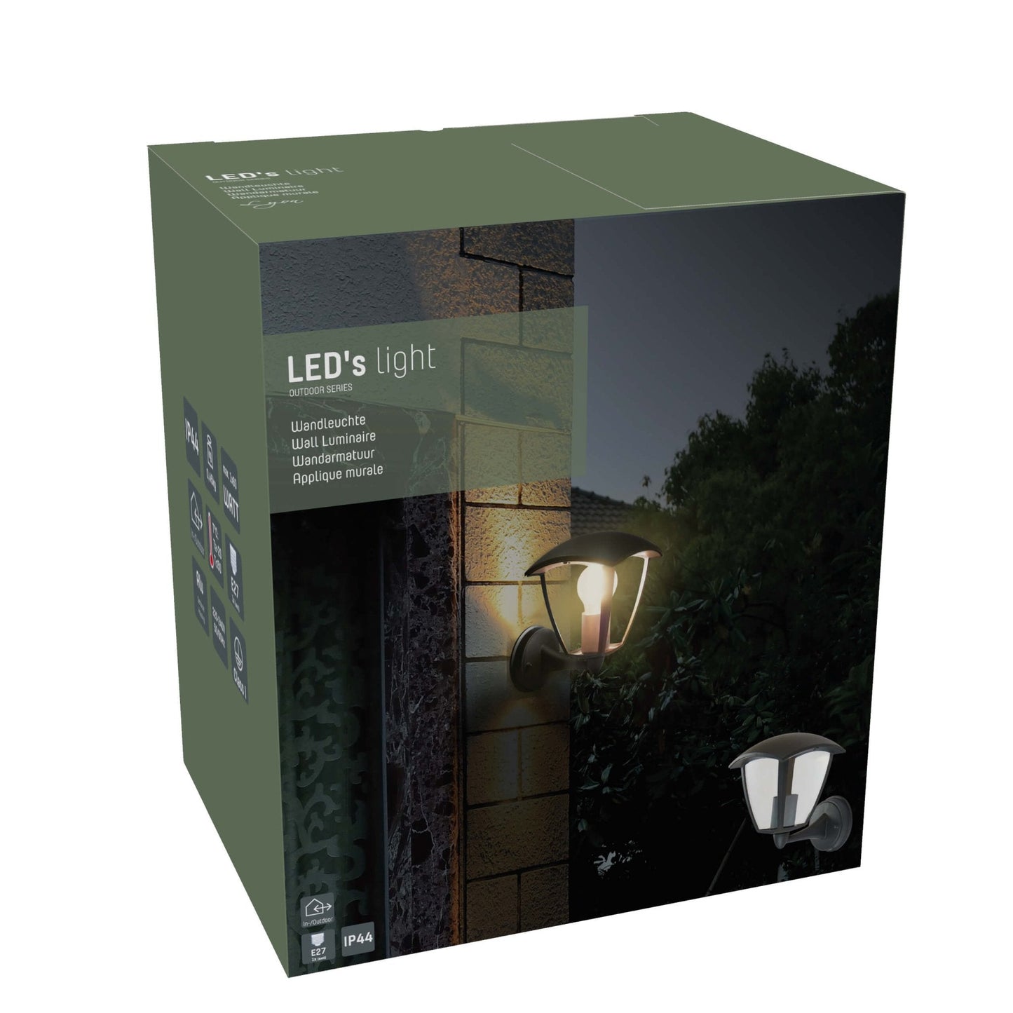 Zwarte buitenwandlamp met glazen kap en gloeilamp, bevestigd aan een bakstenen muur. Ideaal voor verlichting bij de voordeur of tuinpad.