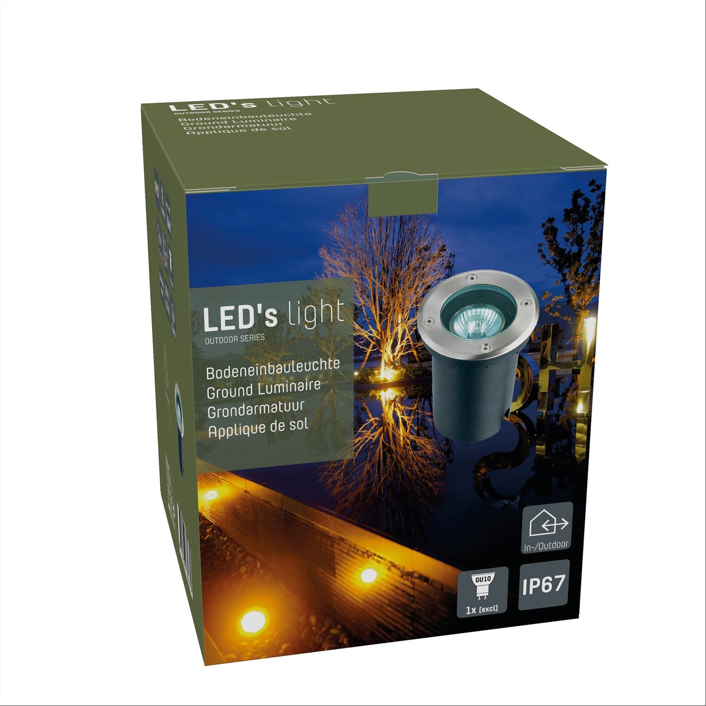 Zilverkleurige, ronde grondverlichting met glazen kap en zichtbare schroeven, voorzien van een zwarte cilindrische basis. Geschikt voor tuinverlichting en buitenverlichting.