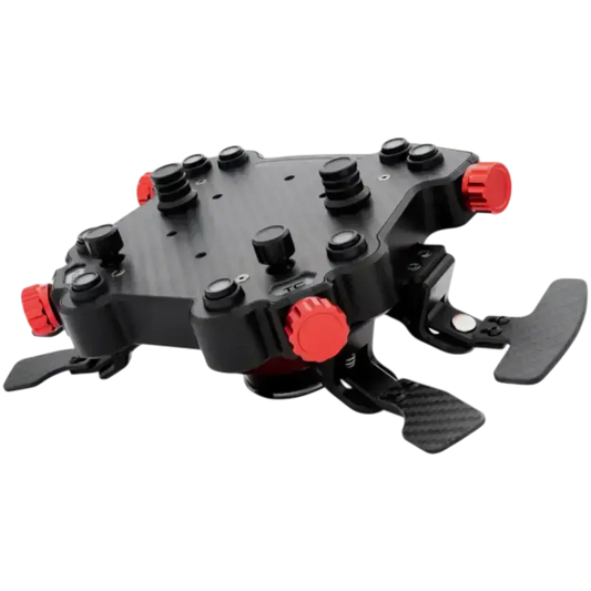 Zwart carbon racestuur met rode accenten en bedieningsknoppen voor racegames. Geschikt voor racegame-controllers en simulator-gebruik met duidelijke functieknoppen zoals IGN, PIT en TC.