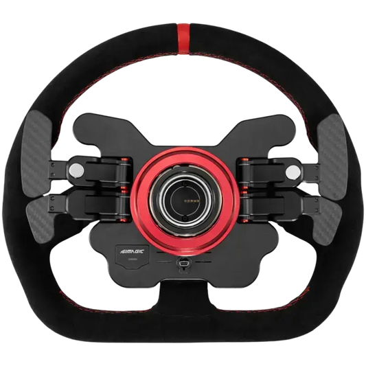 Zwart stuurwiel met rode contrastnaden en carbonvezel details, voorrace-achtige uitstraling. Geïntegreerde knoppen en schuifregelaars voor racegames en simulaties.