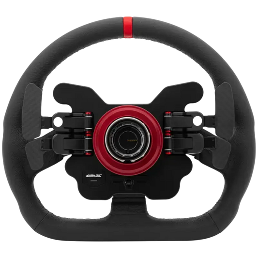 Zwart stuurwiel met rode accenten en textuur, voor racegames. Met bedieningsknoppen en schuifregelaars voor optimale simulatieervaring.