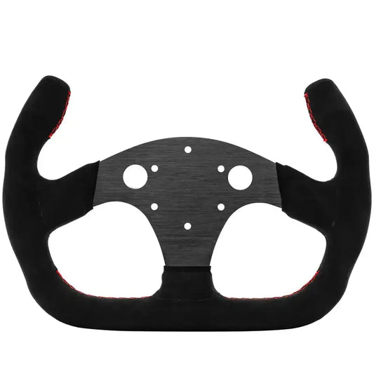 Zwart Simagic stuurwiel met rood contraststiksel en textiel bekleding, geschikt voor race- en simulatiespeeltoestellen. Metalen centrale plaat met merklogo voor gaming en race-automobiel simulaties.