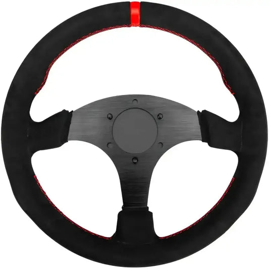 Zwart stuurwiel met rood gestikt rand en logo, bedekt met fluweelachtig materiaal. Geschikt voor race- en gamingstoelen, met sportieve uitstraling en precisie voor optimale controle.