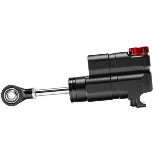 Zwart metalen stuurkolomverstuurder met rode draaiknop en goudkleurige fitting, geschikt voor motorfietsen. Precisie-component voor stuurmechanisme met zichtbare schroef- en aansluitingen.