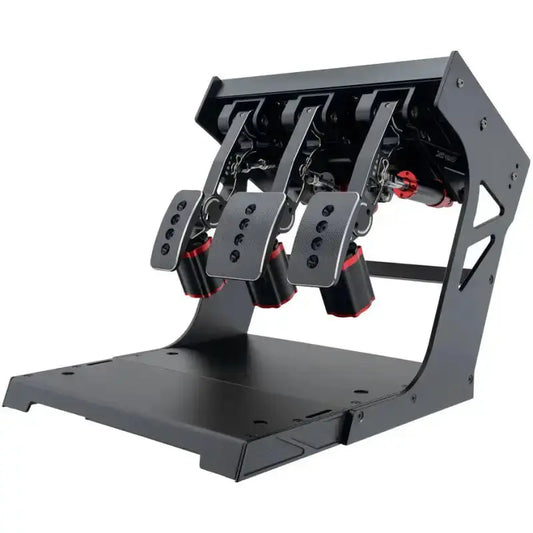 Zwart metalen laptopstandaard met verstelbare hoogte en stevige constructie, geschikt voor gaming of kantoorwerk. Ideaal voor comfortabel gebruik tijdens lange sessies.