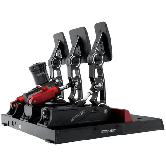 Een zwarte racingpedaalset met drie pedalen en een rode basis met 'KEEP RACING' logo, geschikt voor racegame simulatie en stuurpedaalset.
