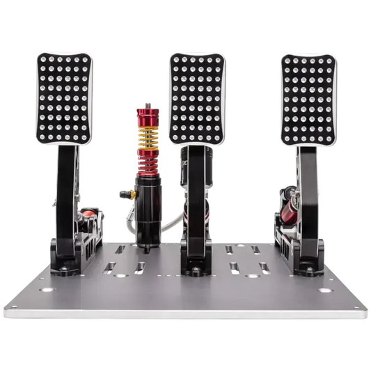 Zwart metalen racepedaalset met LED-verlichting en rode veermechanismen, geschikt voor race- en simracers. Geoptimaliseerd voor realistische stuurervaring in racegames.