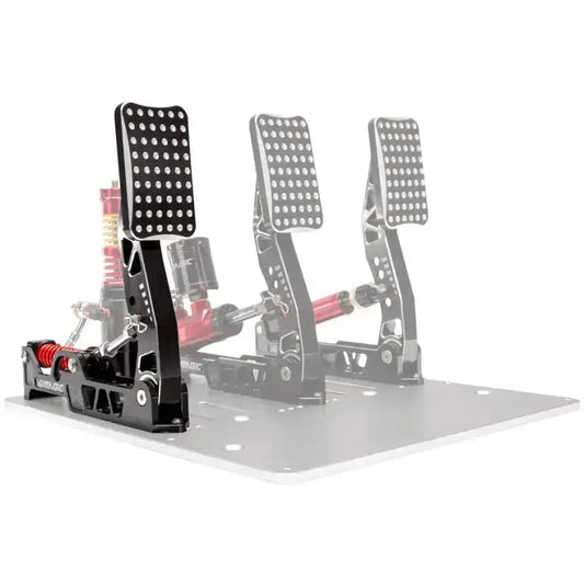 Zwart metalen voetpedaal met perforatie en rode details, geschikt voor motorfietsen. Geoptimaliseerd voor betere grip en comfort tijdens rijden.