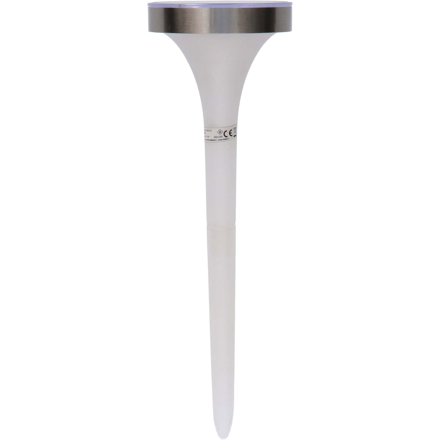 Zonnepanelen tuinlamp met zilverkleurige rand en witte kunststof stok, geschikt voor buitenverlichting. Ideaal voor tuin- en terrasdecoratie met duurzame zonne-energie.