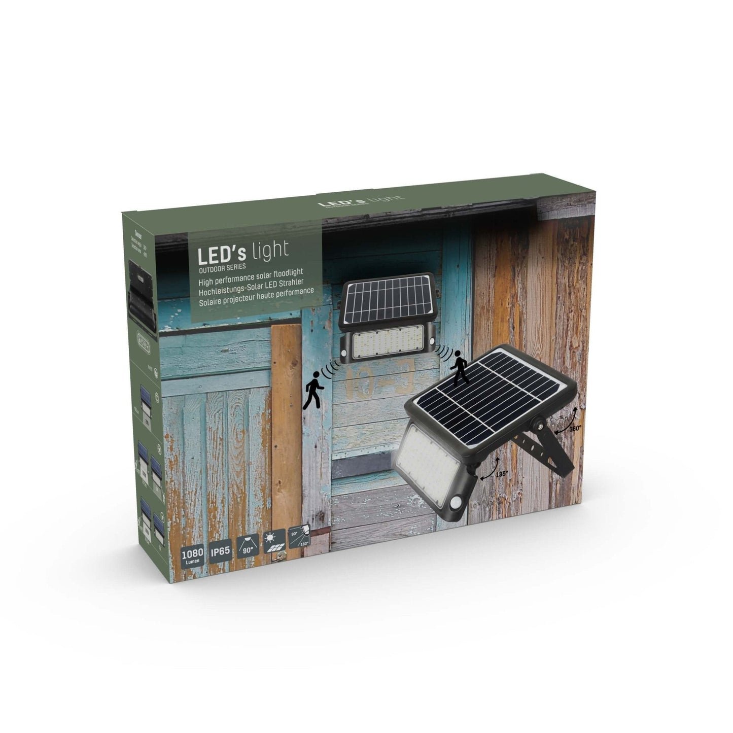 Zwarte zonnepanelenverlichting met warm wit licht, gemonteerd op een bakstenen muur. Ideaal voor buitenverlichting en tuinverlichting, met zichtbare schakelaars en een compacte, waterdichte constructie.
