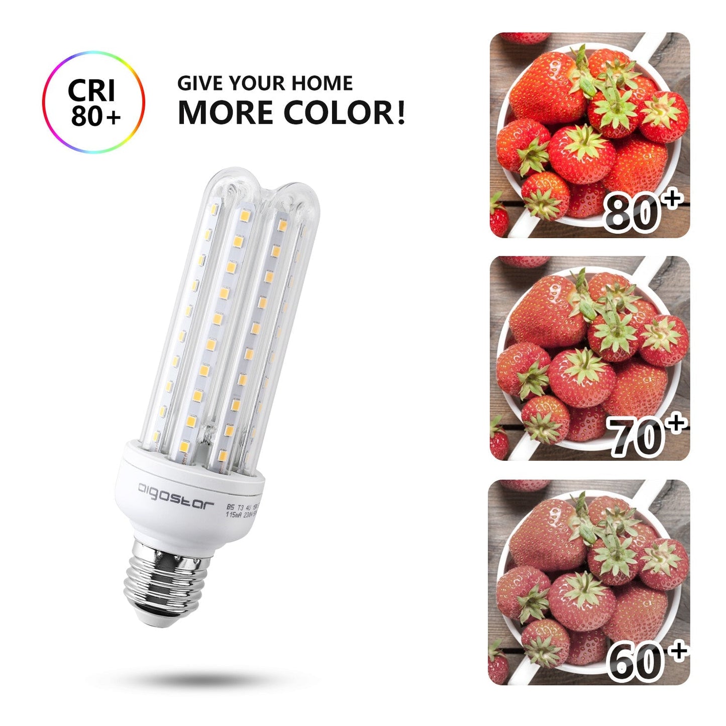 Een witte LED-lamp met een E27-schroefdraad, voorzien van een transparante kap met gele LED’s. Geschikt voor energiezuinige verlichting in huishoudelijke en commerciële ruimtes.