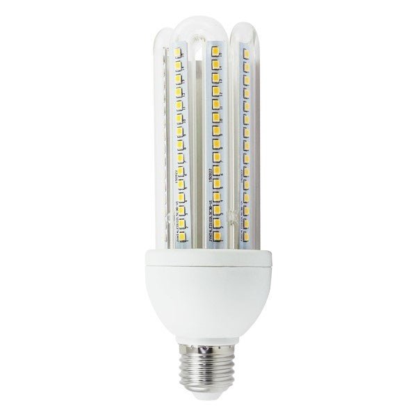 Een witte LED-lamp met E27-schroefdraad en drie verticale LED-balken, geschikt voor energiezuinige verlichting in huishoudelijk gebruik en kantoorruimtes.