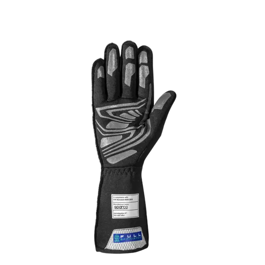 Zwart Sparco racehandschoen met witte logo’s en reflecterende strepen, gemaakt van technisch materiaal voor optimale grip. Geschikt voor motorsport en racecircuit gebruik.