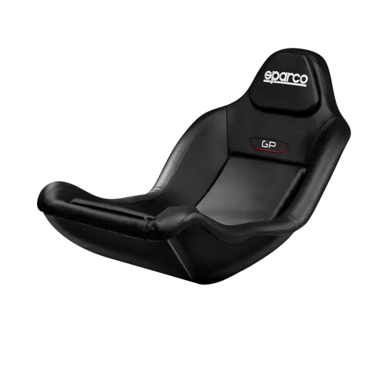 Zwart Sparco GP sportstoel met gestikt logo en rode accenten, geschikt voor raceauto’s en gamingstoelen. Premium leer met ergonomische vorm voor optimale houding tijdens rijden of spelen.