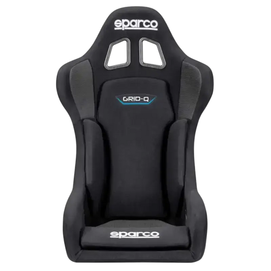 Sparco GRID-Q racestoel in zwart, met zichtbare logo’s en sportieve vorm. Geschikt voor raceauto’s en performance voertuigen, met verstelbare onderdelen en comfortabele bekleding.