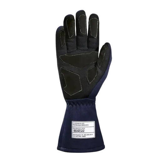Donkerblauwe Sparco racehandschoen met Martini Racing logo, gemaakt van gestructureerd materiaal. Zichtbaar op de pols en handpalm, geschikt voor motorsport en race-activiteiten.
