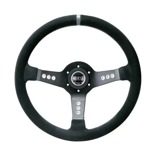 Zwart Sparco sportstuur met zilveren accenten en drie-spits ontwerp, geschikt voor raceauto’s en sportwagens. Gemaakt van hoogwaardig leer met zichtbare merklogo’s en verstelbare bouten.