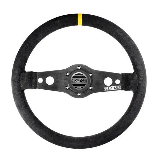 Zwart Sparco racestuur met textielbekleding en goudkleurige accent. Metalen centrale plaat met merklogo, geschikt voor raceauto’s en sportwagens.