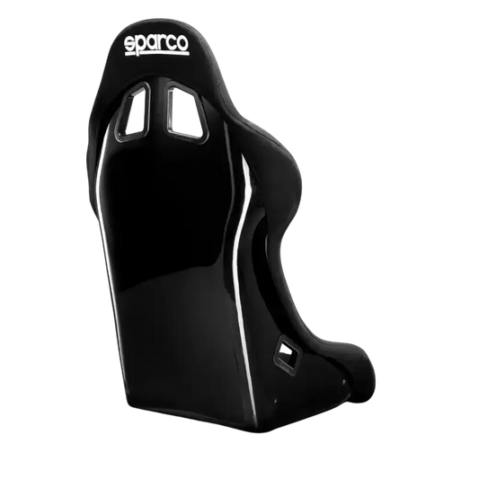Een zwarte Sparco REV racestoel met textielbekleding en zichtbare logo’s, uitgerust met sportieve hoofdsteun en zijkanten voor optimale veiligheid in race- en sportwagens.
