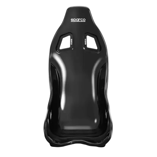Een zwarte Sparco racestoel met glanzend oppervlak en zichtbare ventilatieopeningen, speciaal ontworpen voor raceauto’s en motorsport. Geschikt voor professionele en recreatieve racers op zoek naar optimale veiligheid en comfort.