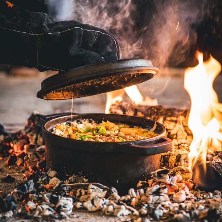 Zwarte kookpan van gietijzer met afsluitende deksel, voorzien van handvatten en het opschrift ‘Designed in Holland’. Ideaal voor koken op de kookplaat of in de oven.