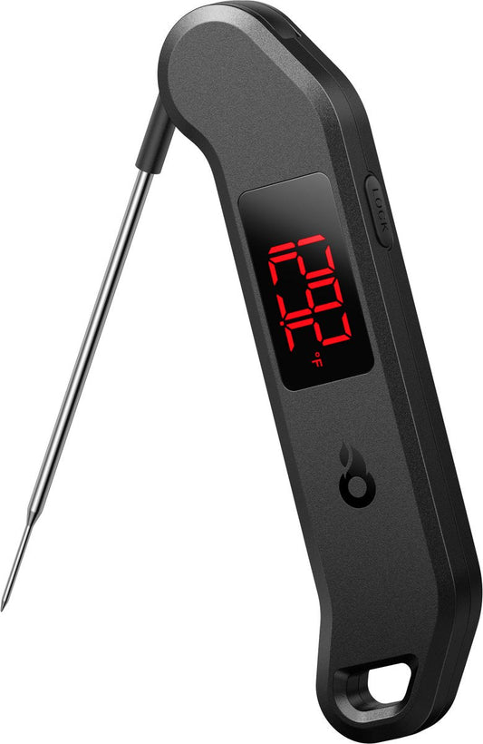 Zwart digitale vlees thermometer met rode display en metalen sensor, geschikt voor grillen en koken. Accurate temperatuurmeting voor perfect gegrilde of gekookte gerechten.
