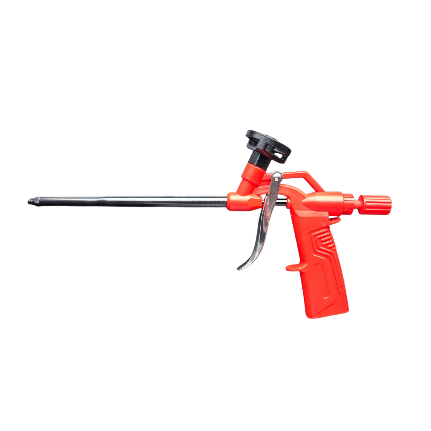 Rode schuimkanon met zwarte dop en metalen trekker, geschikt voor isolatie en reparaties. Gebruik voor huis- en tuinprojecten met schuim.
