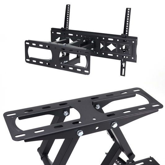 Zwarte, verstelbare TV-wandmontage met draaibare arm en schuifmechanisme, geschikt voor moderne schermen. Ideaal voor kantoor- of woonruimte installatie met maximale flexibiliteit.