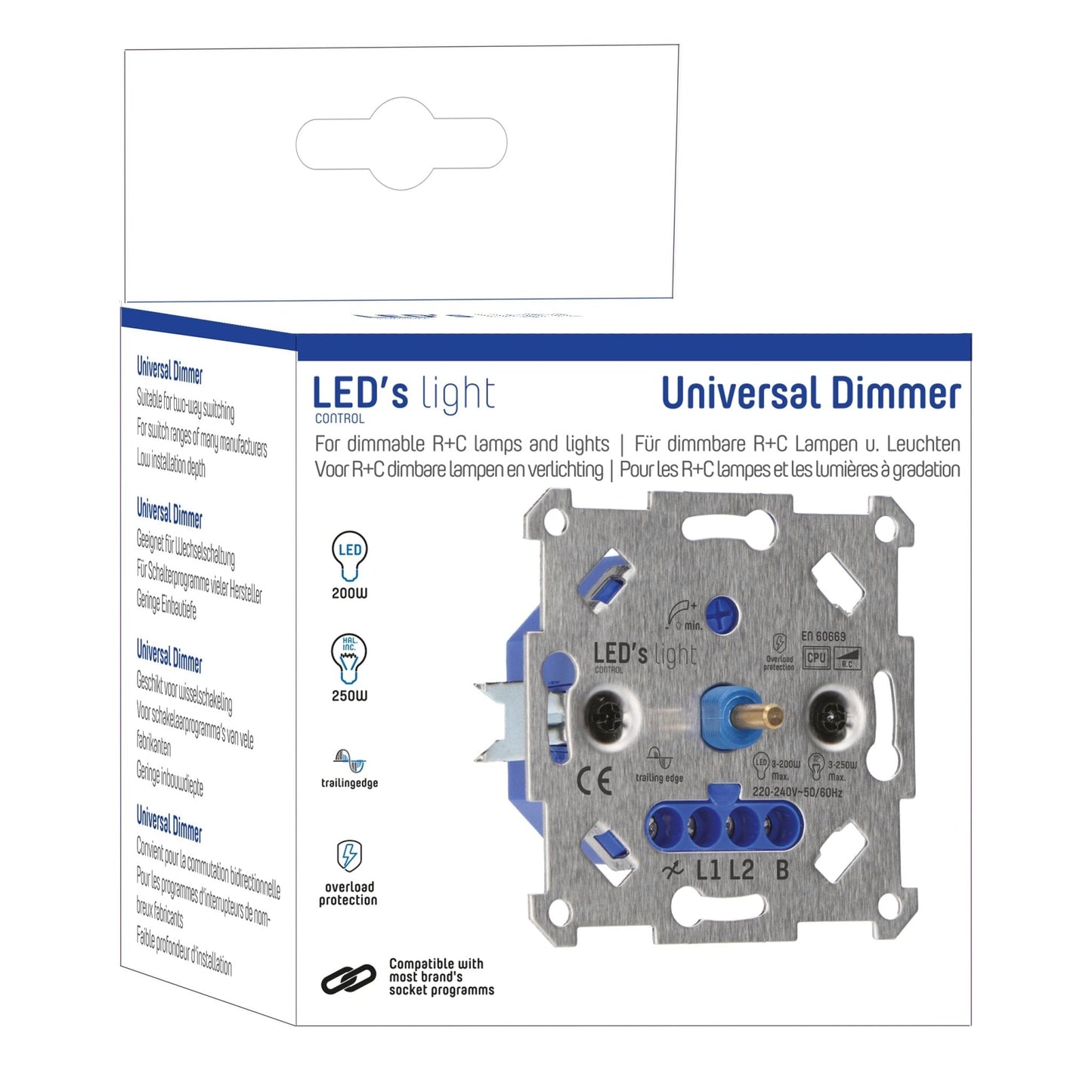 Universele LED draai dimmer tot 250 watt - Geschikt voor alle dimbare lampen - 2 draads