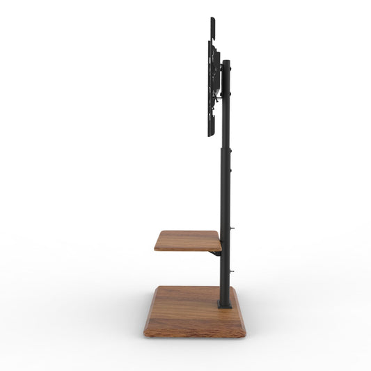 Een zwart metalen TV-standaard met houten planken, geschikt voor wandmontage of tafelgebruik. Ideaal voor moderne woonkamers of kantoren waar een stijlvolle, functionele oplossing voor tv’s of monitoren nodig is.