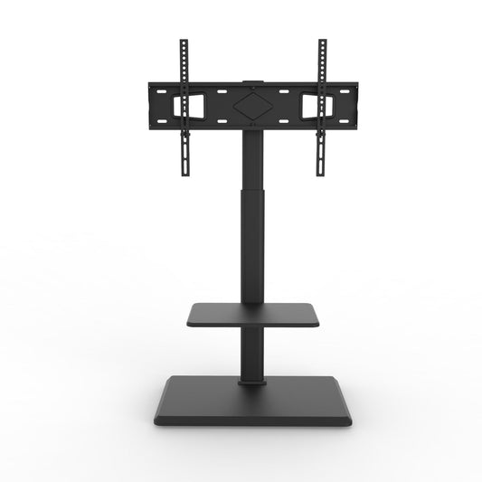 Zwart metalen TV-standaard met verstelbare montagearm en ondersteunende plank, geschikt voor moderne televisies en gamingmonitors in woon- of werkomgevingen.