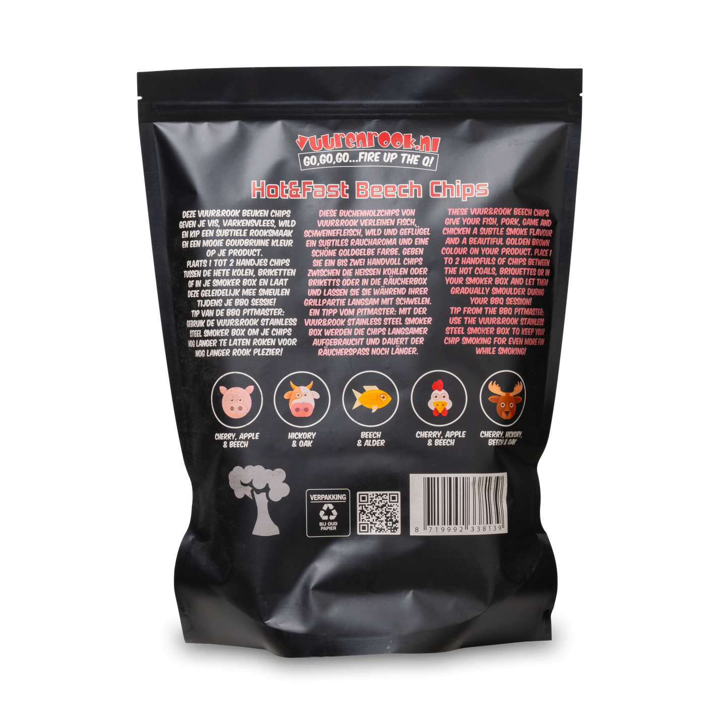 Zwarte verpakking met transparante venster van Hot&Fast Olive Chips, 1,5 kg, voor snelle en intense barbecue. Zichtbare houtskoolstukjes en merklogo op donkere achtergrond.