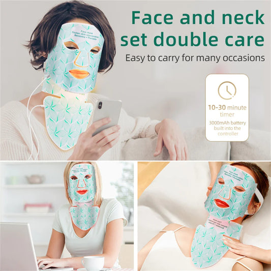 Comnox - LED Gezichtsmasker en Nekset - 7 Kleuren + Infrarood Licht - Anti-Aging, Acne Therapie, Rimpelvermindering - Draagbaar en Oplaadbaar - Wit - Met Nekmasker - Comnox Company