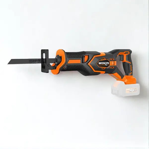 Een zwarte en oranje WOKIN boormachine met een witte accu, geschikt voor hout- en metaalsnijden. Perfect voor DIY-projecten en houtbewerking.