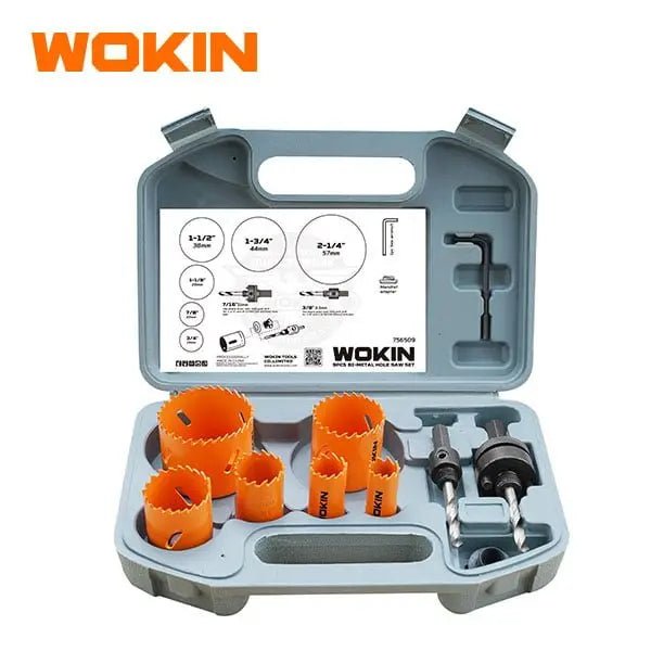 Wokin metalen boorset met oranje boorhulzen en bijpassende boormachines in een grijze opbergdoos, geschikt voor precisieboorwerk in metaal en hout.