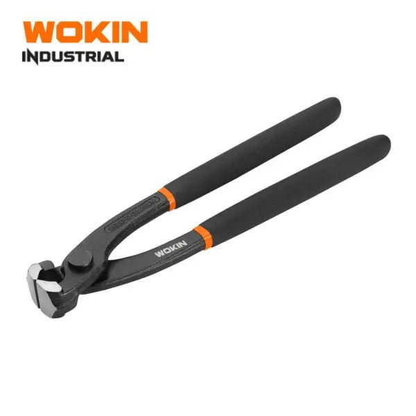 Wokin industriële draadklemmen met zwarte, textuurrijke handvatten en oranje accenten. Gemaakt van robuust metaal, geschikt voor professioneel gebruik in de bouw en metaalbewerking.