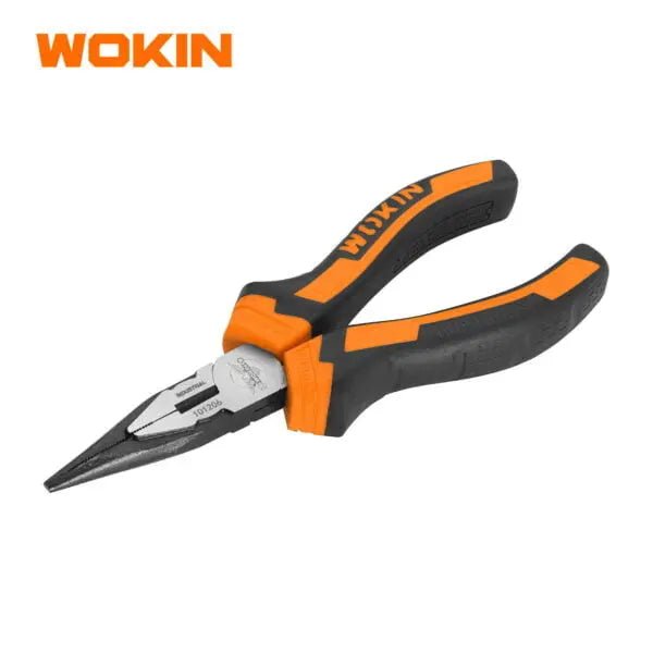Wokin precisiepincet met zwarte en oranje handgrepen en zilverkleurige, scherpe punt. Geschikt voor elektrische reparaties en fijnwerkzaamheden in de tuin of garage.