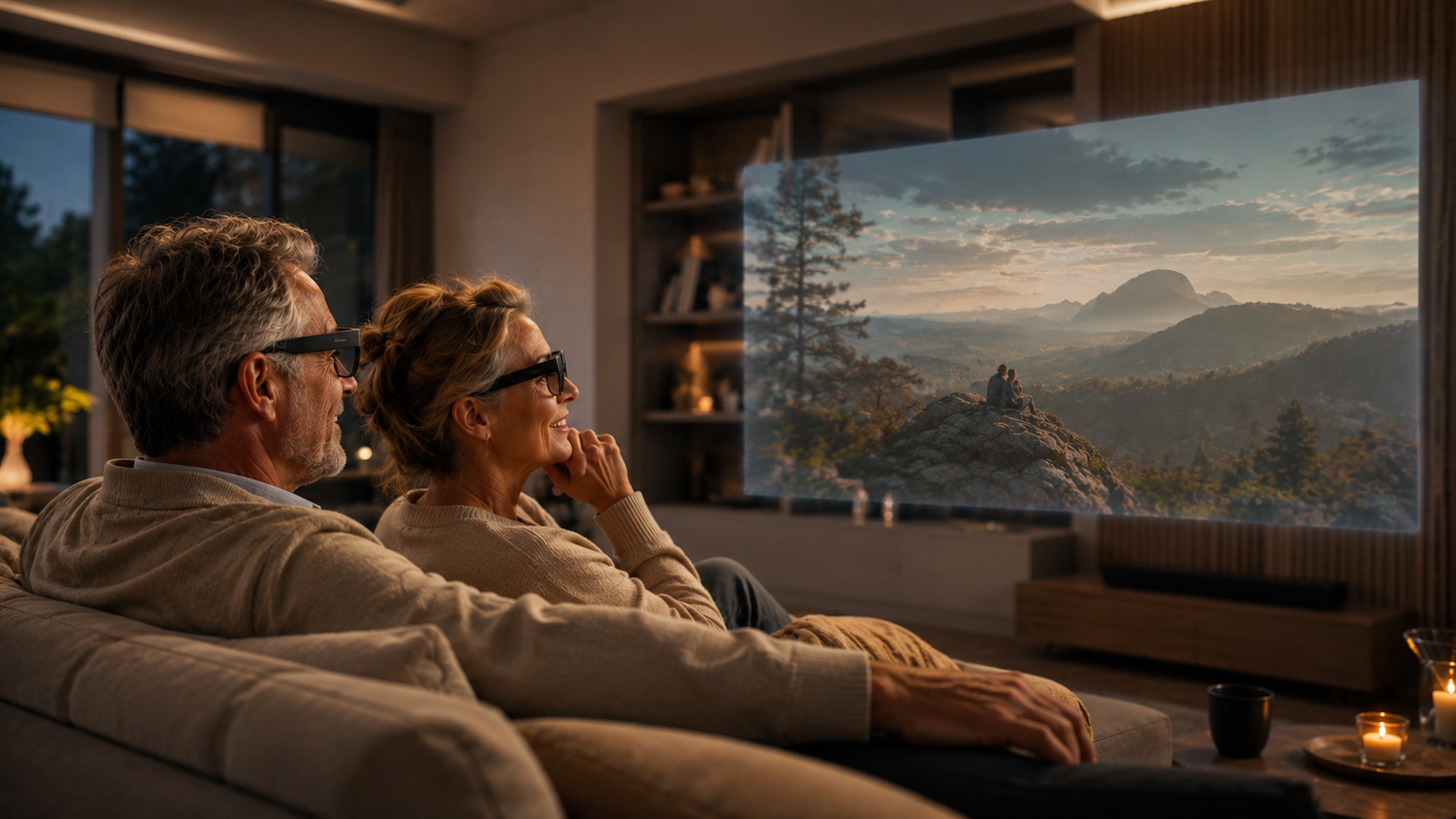 Ouder echtpaar gebruikt slimme AI-brillen met virtueel scherm voor comfortabel kijken in de woonkamer