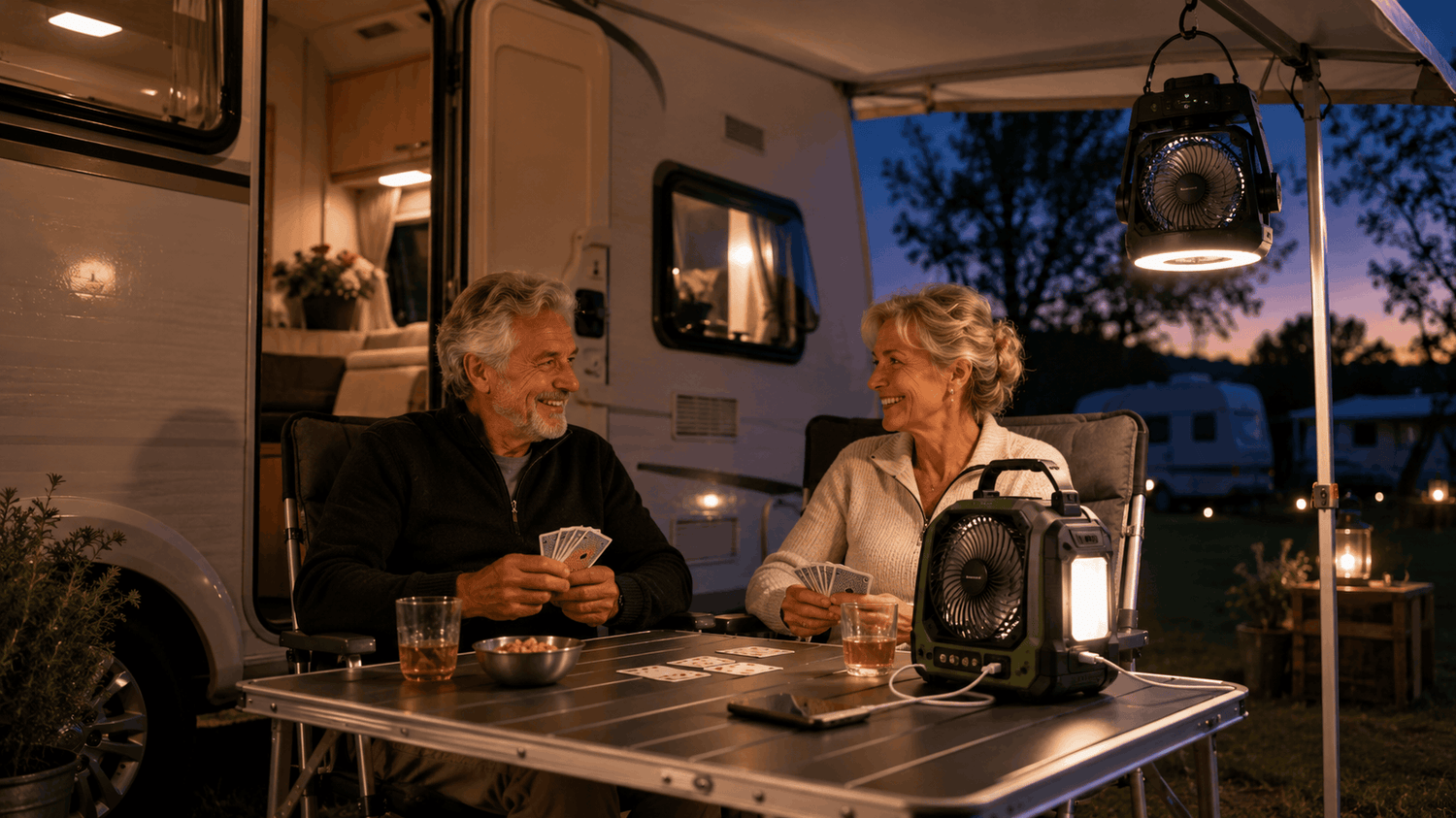 Draagbare camping ventilator met verlichting en powerbank op tafel bij caravan tijdens zomeravond