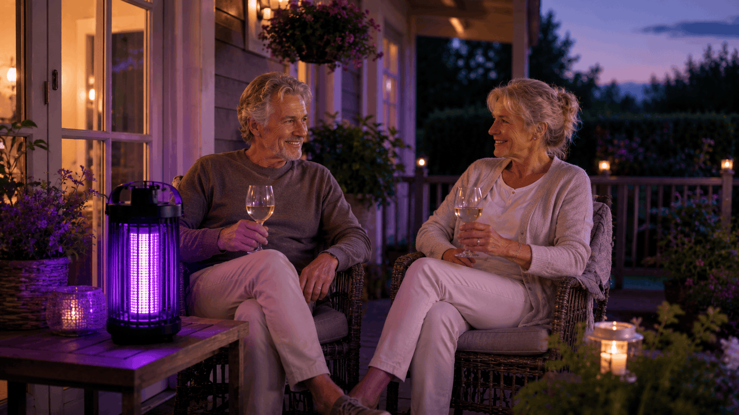 Elektrische muggenvanger met paarse UV gloed beschermt terras tijdens ontspannen zomeravond