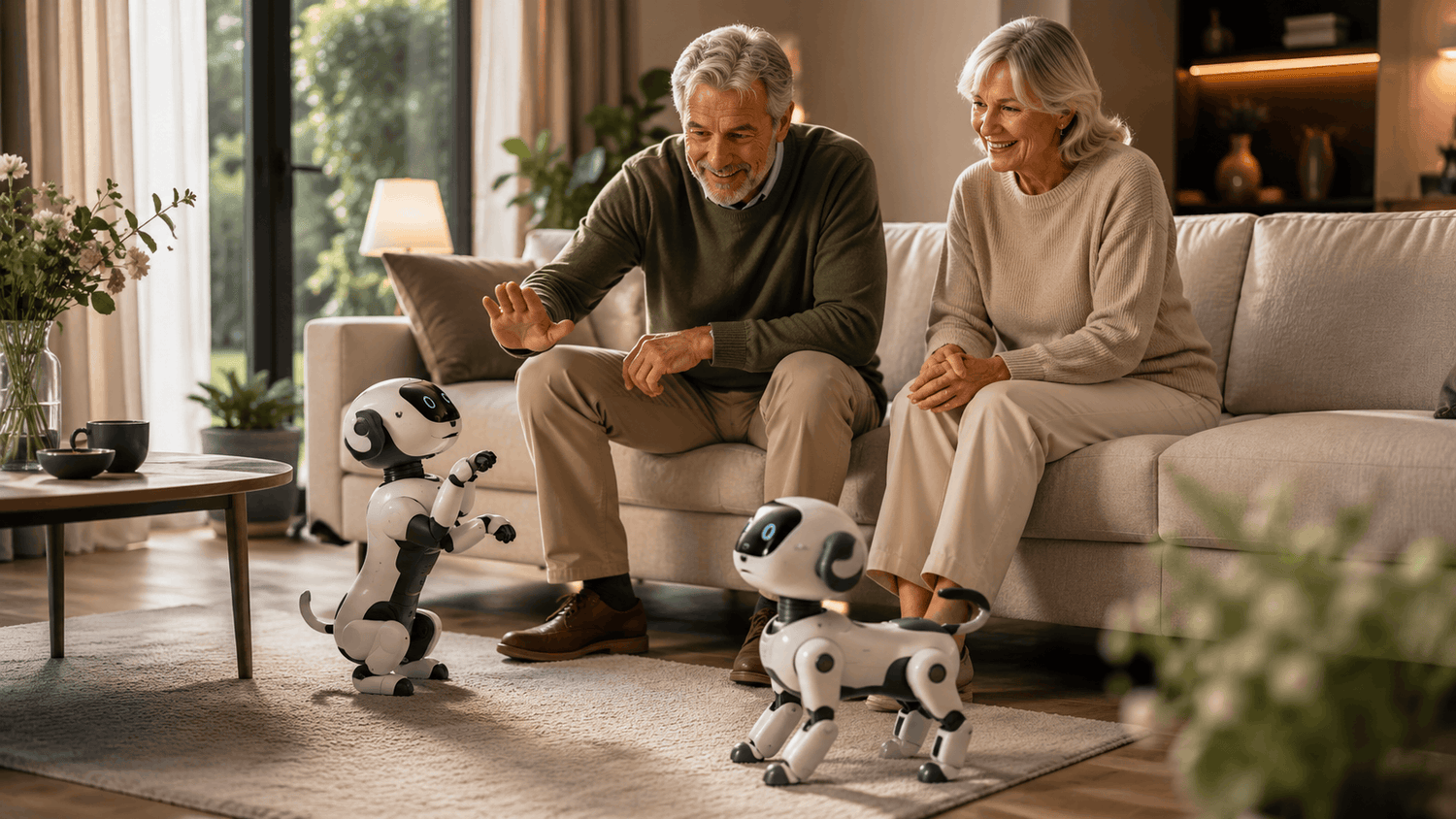 Ouder echtpaar speelt in de woonkamer met twee interactieve AI robothonden als slimme metgezellen