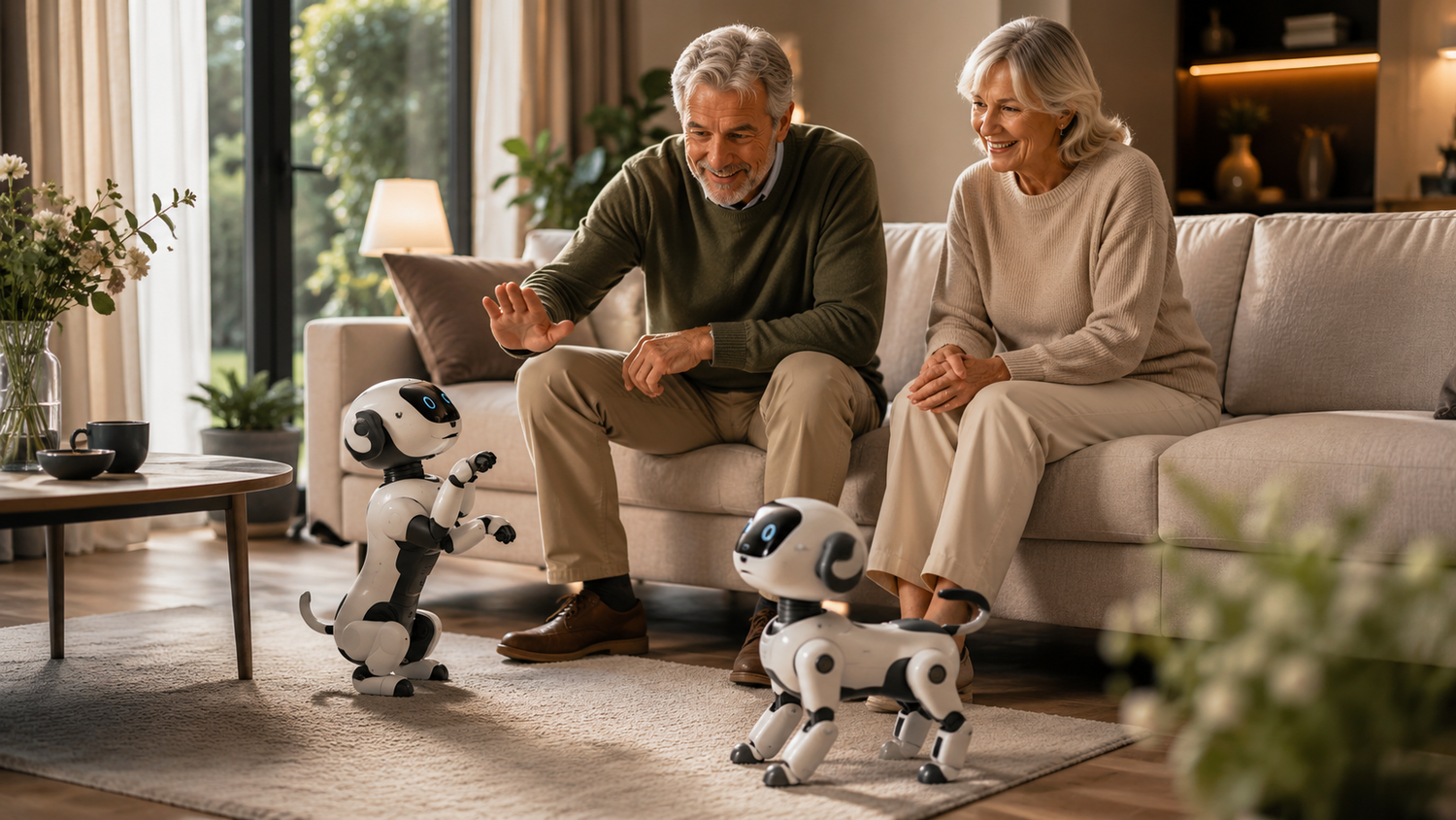 Ouder echtpaar speelt in de woonkamer met twee interactieve AI robothonden als slimme metgezellen