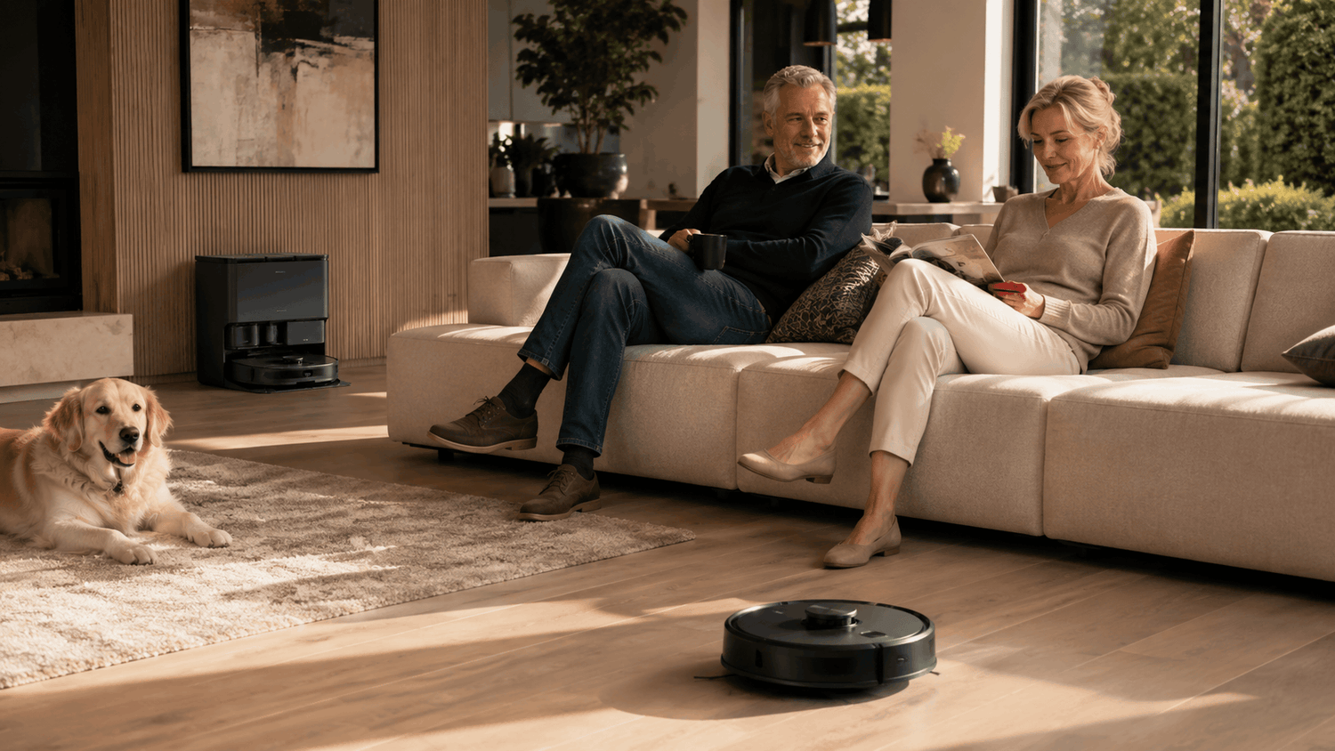 Robotstofzuiger met dweilfunctie reinigt vloer automatisch terwijl ouder echtpaar ontspant in woonkamer