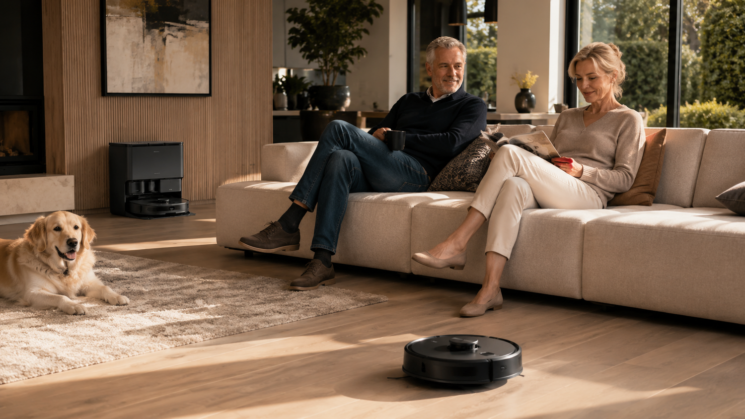 Robotstofzuiger met dweilfunctie reinigt vloer automatisch terwijl ouder echtpaar ontspant in woonkamer