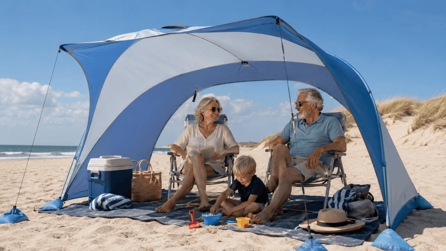 Ruime pop-up strandtent met UV-bescherming biedt schaduw voor gezin op rustig Europees strand