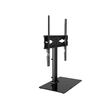Zwarte TV-standaard met verstelbare arm en brede basis, geschikt voor moderne televisies. Robuust metaalconstructie voor stabiele montage in woon- of kantoorruimte.